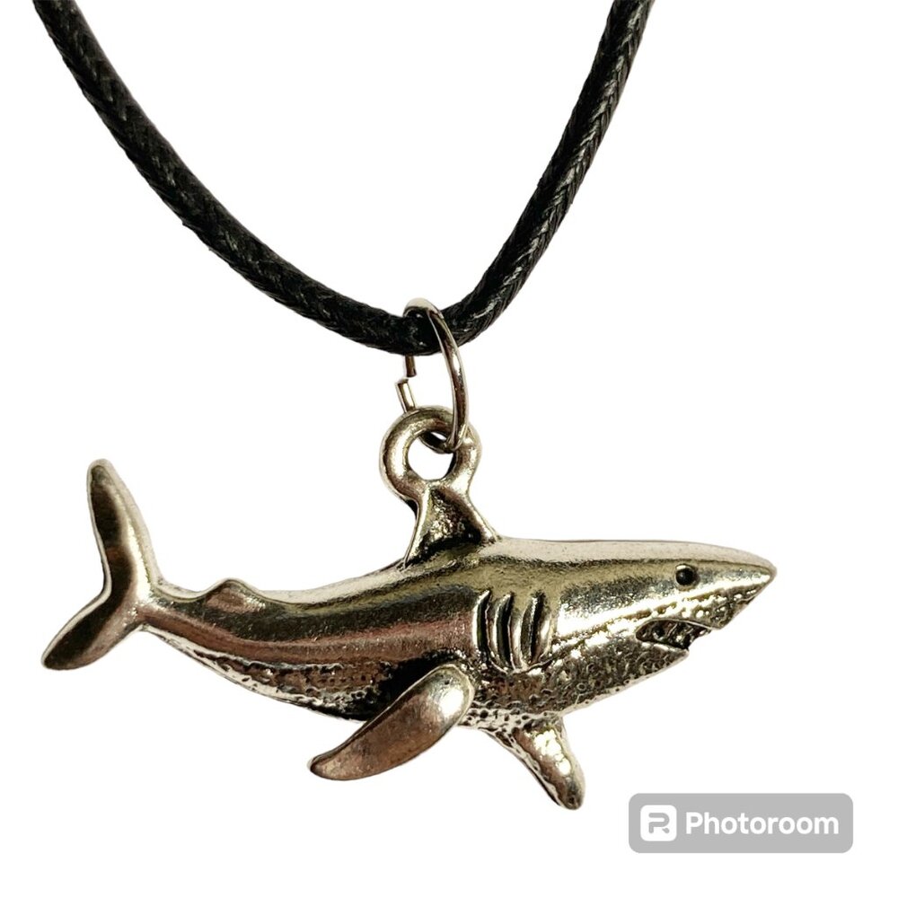 Silver Shark Necklace Black Cord 22" Plated Sea Life Surfer Style Mens Womens